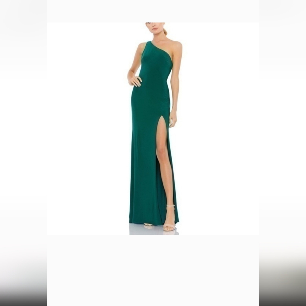 Ieena By Mac Duggal JERSEY ONE SHOULDER DRAPED BACK GOWN 26512 in Emerald